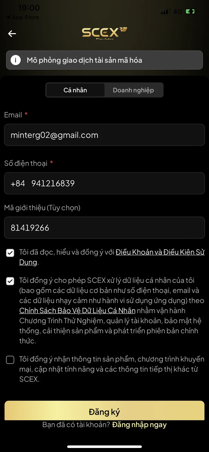 Màn hình đăng ký tài khoản SCEX, ô mã giới thiệu điền 81419266