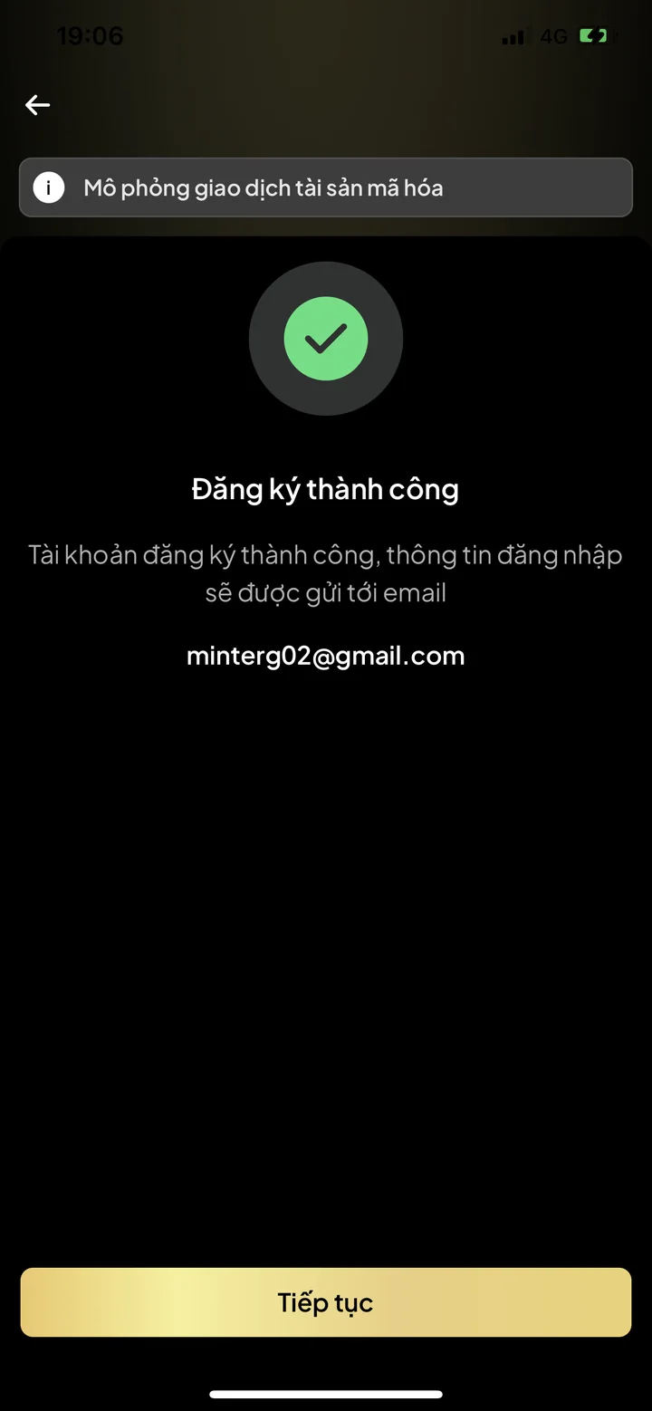 Màn hình báo đăng ký tài khoản SCEX thành công
